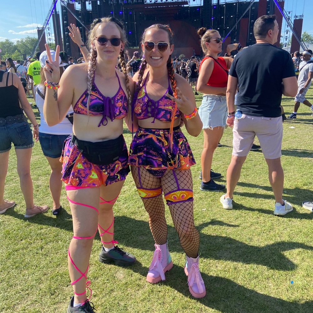 Vibrant Neon Purple & Orange Rave Set - Crop Top & Skirt and garter booty shorts